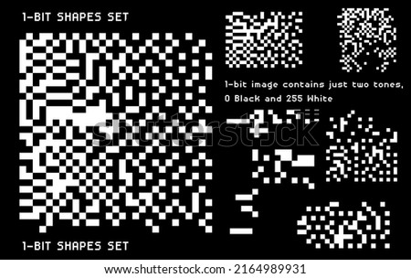 Set of white noise textures, glitch pattern. Collection of 1-bit pixel art elements for design.
