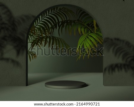 Green empty mock up space with multiple platforms and green palm leaf decoration 3D Rendering
