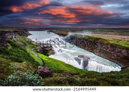 Incredible nature of Iceland. Wonderful landscape during sunset. Gullfoss waterfall with colorful sky. Dramatic picturesque scene. Concept of  ideal travel and hiking destination. picture of wild area