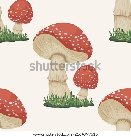 Vector Seamless Pattern with Poisonous Inedible Mushroom. Hand Drawn Cartoon Red Fly Agaric Mushroom Isolated on White. Amanita Muscaria, Fly Agaric Mushrooms Royalty-Free Stock Photo #2164999615
