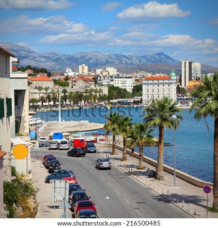 Croatia - Split in Dalmatia. Old town - famous UNESCO World Heritage Site. Mosor mountains in background. Square composition.