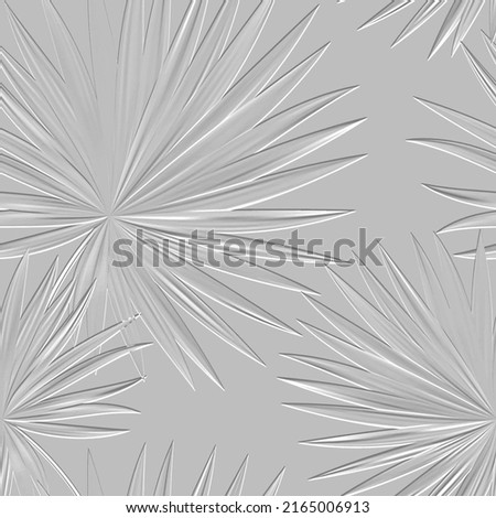 Textured floral line art tracery 3d seamless pattern. Tropical palm leaves relief white background. Repeat embossed backdrop. Surface leaves, branches. 3d endless leafy ornament with embossing effect. Royalty-Free Stock Photo #2165006913