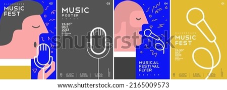 Music poster. A man sings a microphone. A set of vector illustrations. Minimalistic design. Cover, print, banner, flyer.