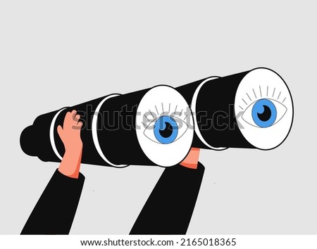 Vision to see opportunity, success opportunity or visionary. Hand is holds binoculars. Vision, research, observation, discovery and exploration icon concept. Thin line vector illustration on white. Royalty-Free Stock Photo #2165018365