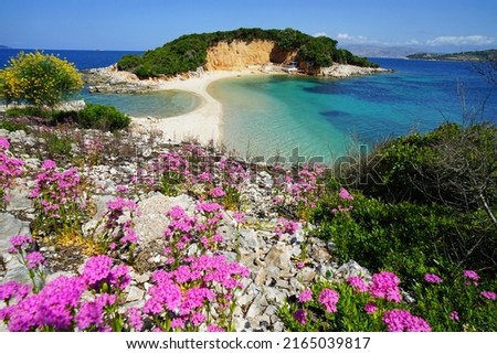 The Twin Islands of Ksamil in southern Albania are connected to one another via a narrow sand belt. Royalty-Free Stock Photo #2165039817