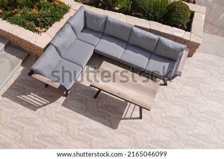 Outdoor Patio Furniture Set, Sectional Sofa Cushions, Wooden Conversation Seat Couches Table, Cushioned Garden Sofa Set for Outdoor (Grey),from above Royalty-Free Stock Photo #2165046099