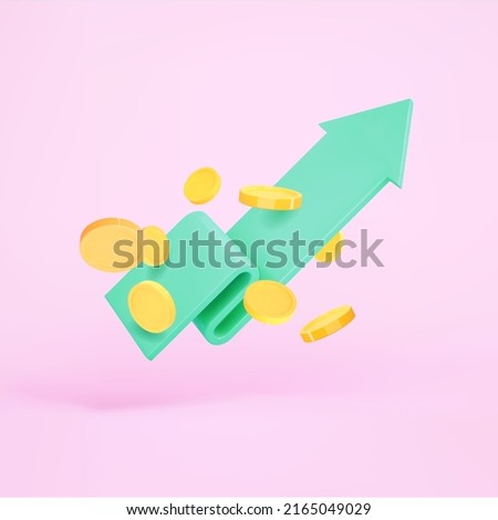 3d render chart arrow and flying coins. Green flexible stock arrow up growth icon. Investment and financial growth concept. 3d render vector illustration
