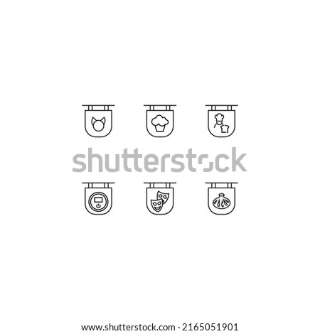 Line icon collection of vector signs and monochrome symbols drawn with black thin line. Suitable for shop, sites, apps. Animal, cupcake, chef, vacuum cleaner, theatre, food on signboard