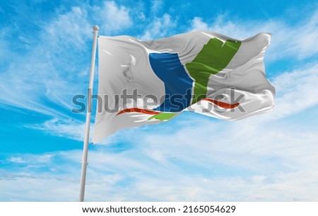 flag of department of  Yonne, France at cloudy sky background on sunset, panoramic view. French travel and patriot concept. copy space for wide banner. 3d illustration