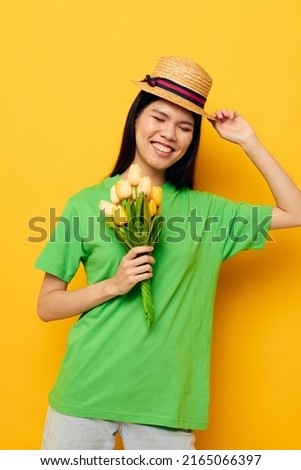 Portrait Asian beautiful young woman bouquet of flowers romance spring posing isolated background unaltered