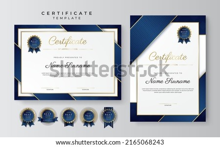 Blue gold certificate template with modern corporate design concept. Certificate of achievement for award, business recognition, diploma, online courses and much more Royalty-Free Stock Photo #2165068243