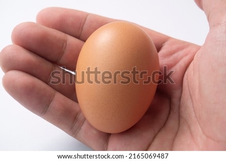 close-up photo of hand held chicken eggs isolated on white background