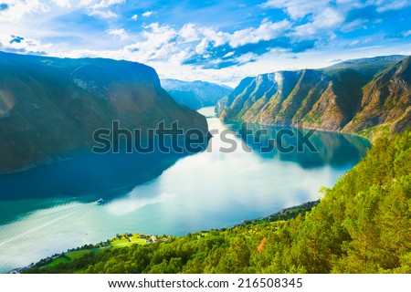 Norway Nature Fjord, Summer Sognefjord. Sunny Day, Landscape With Mountain, Pure Water Lake, Pond, Sea Royalty-Free Stock Photo #216508345