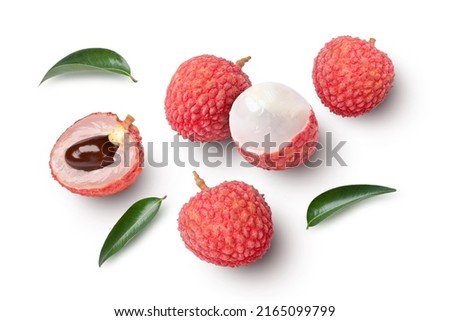 Fresh Lychee fruit with half sliced and green leaves isolated on white background, Top view, Flat lay. Royalty-Free Stock Photo #2165099799