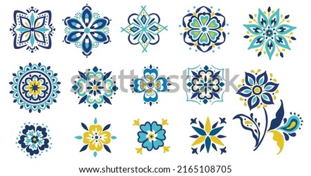 Mediterranean blue, yellow, Azul tile elements. Influenced by traditional Talavera, Portugal and Spanish decor patterns. Vector elements ready to be patterns, wallpaper, border, repeats, fabric.  Royalty-Free Stock Photo #2165108705