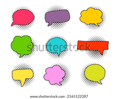 Hand drawn retro speech bubbles collection. Colorful empty talking balloons with halftone shadows. Pop art style.