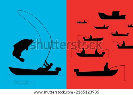 Vector illustration of Blue Ocean Strategy vs Red Blue Ocean Strategy that easy to understand and easy to remember with pictures of fishermen waiting and fisherman who have completed.