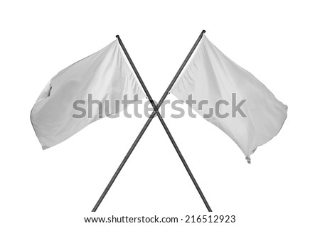 white flag. Two blank and cleared white flags crossed. Crossed white flags isolated on white.
