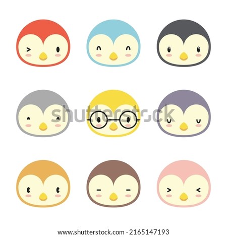 Set of various avatar penguin facial expressions. Adorable cute baby animal head vector illustration. Simple flat design of happy smiling animal cartoon face emoticon. Colorful on a white background.