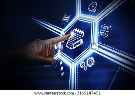 Man pointing at virtual screen with icon of computer file on dark background, closeup