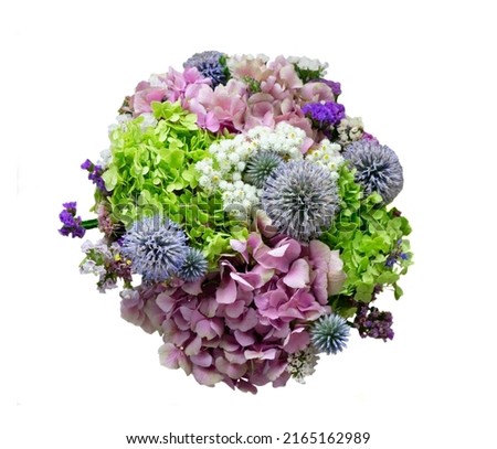 natural autumn flowers bouquet in pink, blue and purple shades with hortensia flowers isolated on white background
