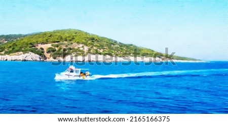 Seascape with a white boat rushing through the waves against the background of a green island. Foaming trail on the water behind the boat. Digital painting image.