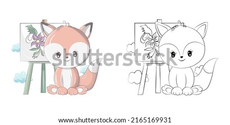 Fox Clipart Multicolored and Black and White. Clip Art Fox Artist With Easel. Vector illustration of an Forest Animal for , Stickers, Baby Shower, Coloring Pages, Prints for Clothes. 