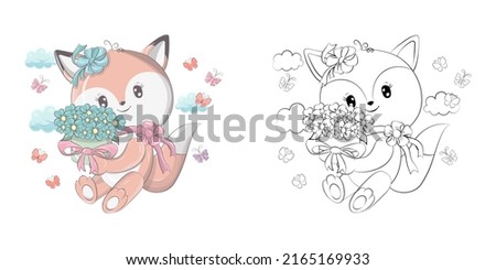 Fox Clipart for Coloring Page and Multicolored Illustration. Clip Art Fox with a Bouquet of Flowers. Illustration of an Forest Animal for , Stickers, Baby Shower, Coloring Pages, Prints for Clothes.