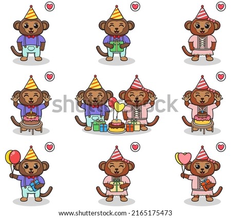 Vector of Cute Monkey in Birthday Party. Set of cute little Monkey characters. Collection of funny Monkey isolated on a white background.