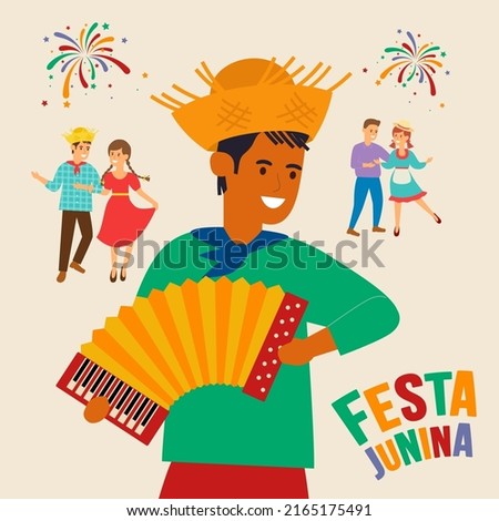 Festa Junina. Vector templates for Brazil june party. Dancing people on the background of fireworks. Guy playing the accordion. Royalty-Free Stock Photo #2165175491