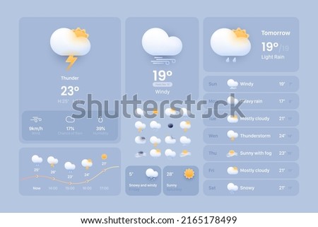 Сards for a weather widget. Weather icon set for a website or mobile app UI. Bright realistic 3d modern glass morphism elements in vector. Royalty-Free Stock Photo #2165178499