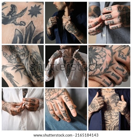 Collage with photos of handsome man with tattoos on body, closeup view
