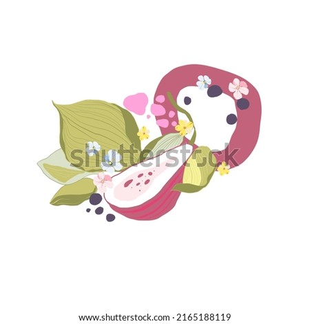 Digital floral bouquet of greenery, flowers, trendy forms. Hand painted set of green leaf, blossom, fruit with abstact shapes isolated on white background. illustration for design, print, logo