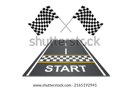 Race track road with flags and start line perspective view. Road design template in flat style background. Race car track with start line and flags. Vector Kart race. Abstract concept graphic element Royalty-Free Stock Photo #2165192941
