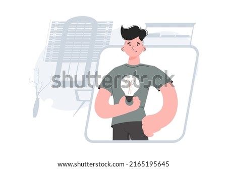 A man stands waist-deep with a light bulb in his hands. Idea. Element for presentations, sites. Vector illustration