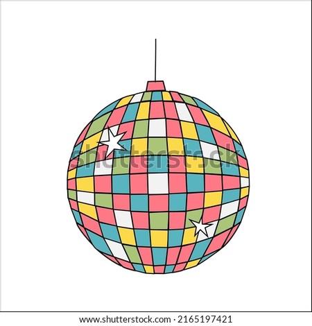 Disco ball in retro style. Vector illustration. Poppy print. Glowing colored ball.