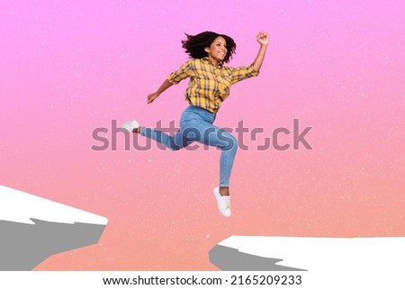 Composite collage portrait of sportive active person jumping make next step isolated on creative drawing background