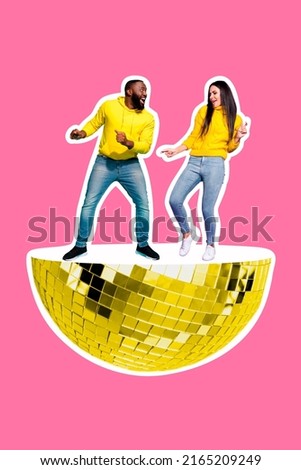 Vertical collage picture of two people have fun enjoy dancing huge half disco ball isolated on pink background Royalty-Free Stock Photo #2165209249