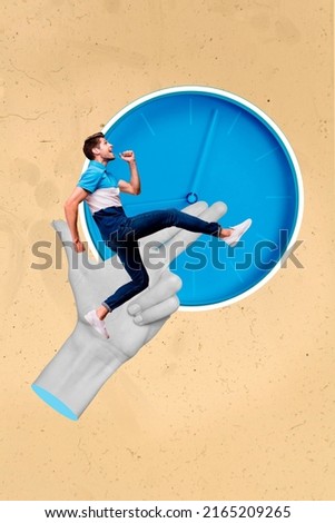 Creative artwork poster of active guy run fast big clock try not be late shopping sale isolated color background