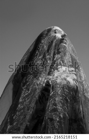 monochrome photograph of a portrait of a woman covered with a transparent cloth