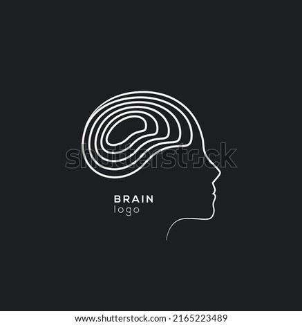 Human head brain silhouette thin lined logo or icon design template for psychology or medicine or creative industry isolated on black background. Vector illustration Royalty-Free Stock Photo #2165223489