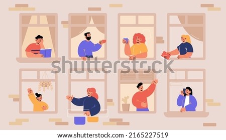 Neighbors in windows greeting each other, drink coffee, read and talk on phone. Vector flat illustration of good conversation in neighborhood. House facade with happy people in windows Royalty-Free Stock Photo #2165227519