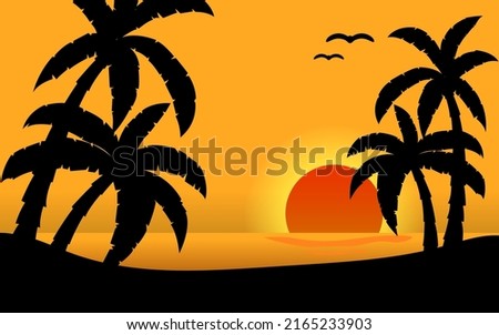 Flat panoramic landscape, sunset with palm trees on orange and yellow background. Vector illustration.