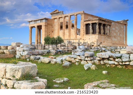 The Erechtheion temple on the North side of Athens Acropolis, Greece