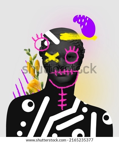 Contemporary art collage with antique black colored statue bust with neon drawings. Male eyes element. Changing classic art into modern vision. Concept of creativity, surrealism, inspiration