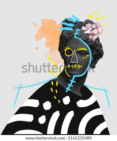 Contemporary art collage with antique black colored statue bust with neon drawings. Surreal style. Colorful splashes. Postmodernism. Concept of sculpture artwork, creativity, party