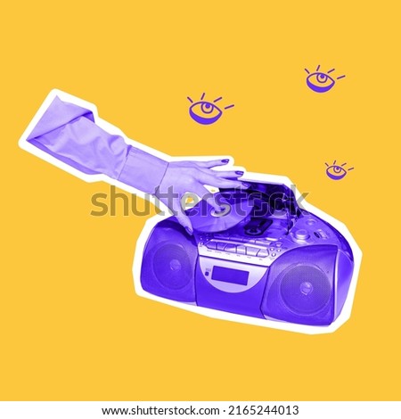 Disco music. Artwork with female hand and vintage record player isolated over yellow background. Contemporary art collage. Poster graphics. Concept of fashion, music, mix old and modernity