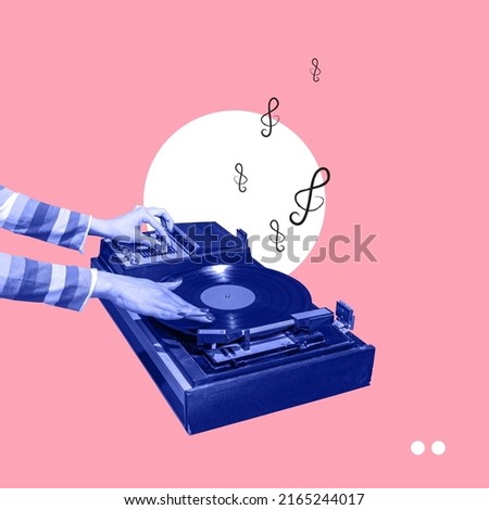 Colorful image of female hands spinning retro vinyl record player like a dj isolated over pink background. Contemporary art collage. Poster graphics. Concept of fashion, music, mix old and modernity Royalty-Free Stock Photo #2165244017
