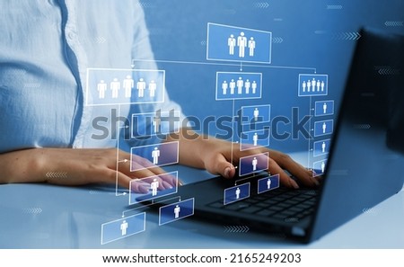Business hierarchy structure. Business process and workflow automation with flowchart. Virtual screen Mindmap or Organigram.Relations of order or subordination between members. Royalty-Free Stock Photo #2165249203