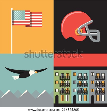 Vector illustration icon set of USA: flag, football, eagle, house